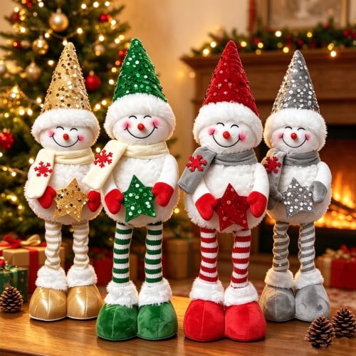 Christmas Snowman Decor Set - 20-Inch Plush Standing Figures with Extendable Legs - Gold & Silver, Pack of 2