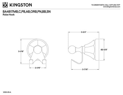 Kingston Brass BA4817C Metropolitan Robe Hook, Polished Chrome,3-3/4" Length