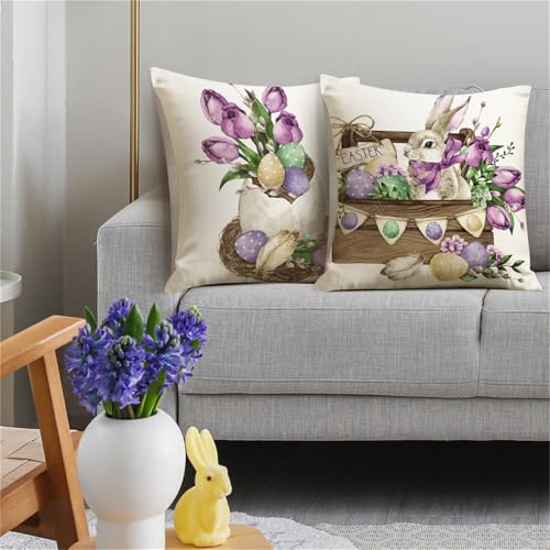 Easter Throw Pillow Covers 18x18 Set of 4, Spring Farmhouse Cushion Cases