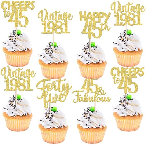 30PCS 45th Birthday Cupcake Toppers Vintage 1981 Gold Glitter Picks