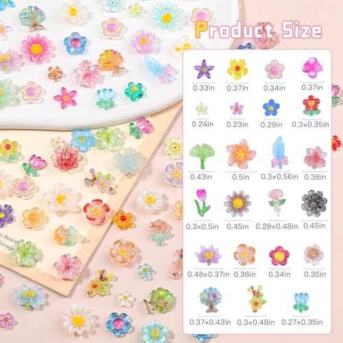 Kikonoke 200PCS Clear Glitter Flower Nail Charms 3D Resin Floral Art