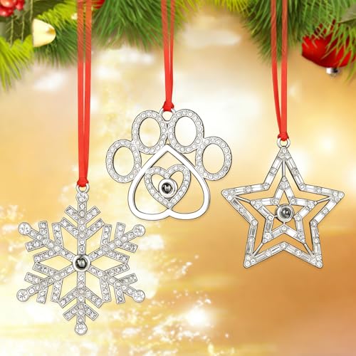 Set of 3 Silver Metal Christmas Tree Ornaments with Red Ribbon