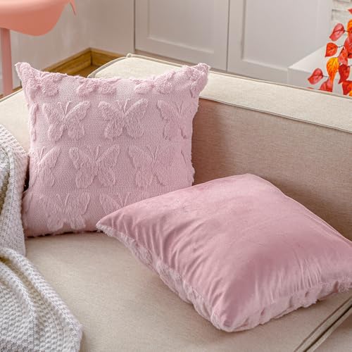 Pink Butterfly Pillow Covers Set of 2 18x18 Inch Faux Fur Decorative Throw Pillows