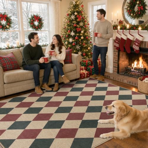 Christmas Rug 5x7 Checkered Red & Green Non Slip Washable Indoor Outdoor Carpet - Green & Red Checkerboard Variation