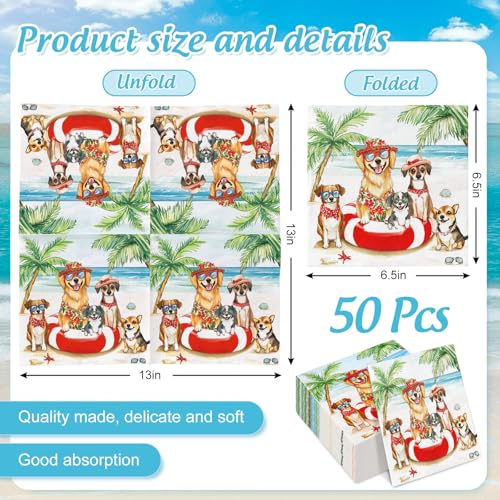 Tropical Dog Paper Napkins, 50-Count Summer Party Luncheon Napkins 6.5x6.5"