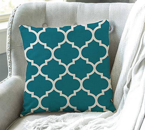 Teal White Quatrefoil Throw Pillow Cover 18x18 Inch - Cotton Linen