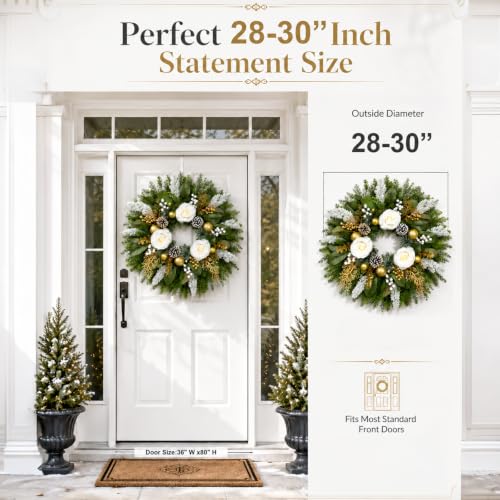 28 Inch Christmas Wreath with White Roses and Gold Decor for Front Door