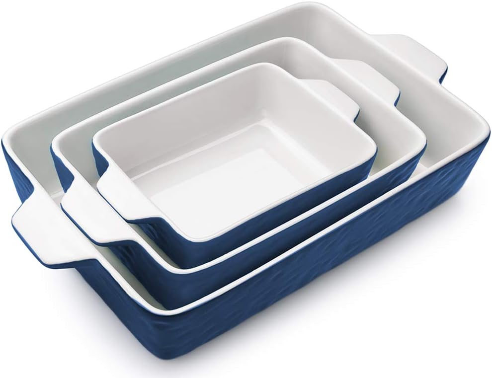 Regine Switzerland Casserole Dishes - Ceramic Baking Pan Set of 3 | Deep Porcelain Lasagna Pans (11.6" x 7.8", Dark Blue)