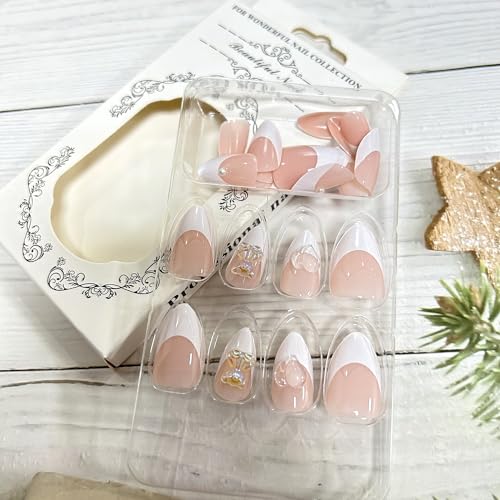 TBRZTR White French Press On Nails Almond 3D Bear Pearl False Nails Kit