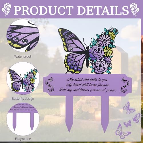 Purple Butterfly Memorial Grave Marker for Mom Dad, Metal Cemetery Plaque