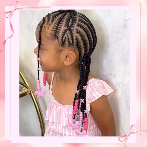 NAISKA 60Pcs Pink Hair Beads and Butterfly Clips for Kids Braids