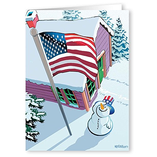 Patriotic Snowman and Flag Christmas Cards Set - 18 Cards, 19 Envelopes - Standard