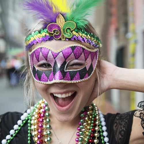 Mardi Gras Fleur De Lis Headband 3-Piece Sequins Feather Hair Band