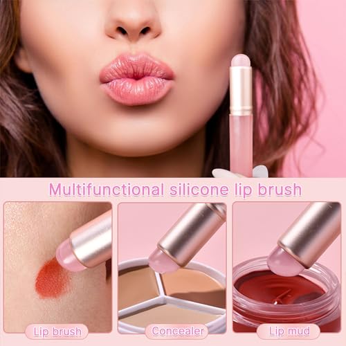 Silicone Lip Brush 2-Piece Set with Lid for Lipstick Application (Pink)