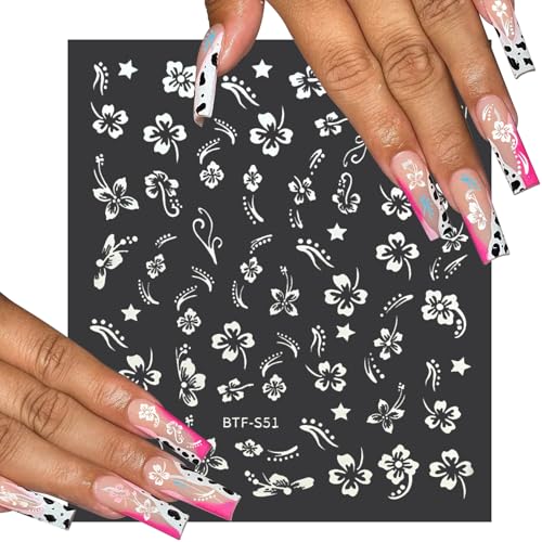 MUIIGOOD Flower Nail Stickers 10 Sheets Hibiscus Nail Decals White Pink Gold