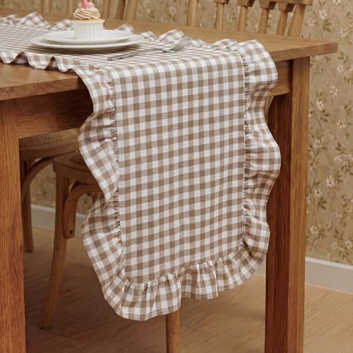 Tegeme Brown Gingham Cotton Ruffle Table Runner - 12 x 71 Inches