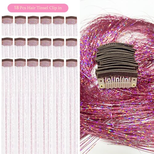 ShowJarlly Pink Hair Tinsel Clip In Extensions 18 Pcs Kit