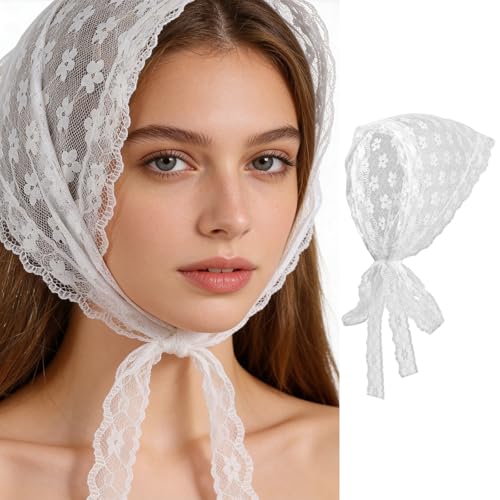 White Lace Head Scarf for Women - Boho Floral Hair Bandana