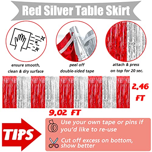 6 Pack Metallic Foil Fringe Table Skirts for Party Decorations - Silver & Red