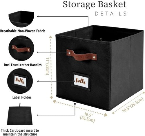 DECOMOMO Storage Bins - Fabric Cube Storage Bins with Labels | 10.5" x 11" - Set of 6, Black