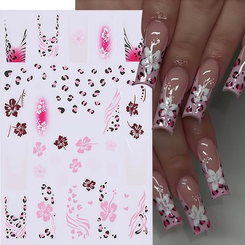 Leopard Print Nail Art Stickers 3D Self-Adhesive French Lines & Hibiscus Flowers
