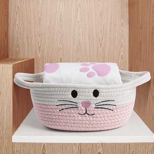 STOBSK Small Woven Cotton Storage Basket with Handle - Pink Nursery Organizer