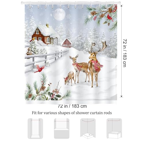 Christmas Deer Shower Curtain - Winter Snow Landscape, 72x72 Inch