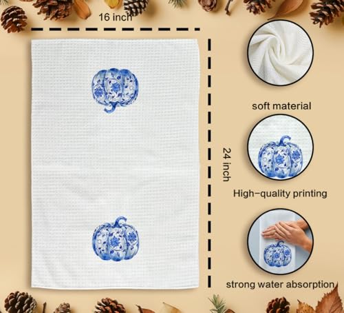Blue and White Pumpkin Kitchen Towels - 16x24 Inches, Farmhouse Decor