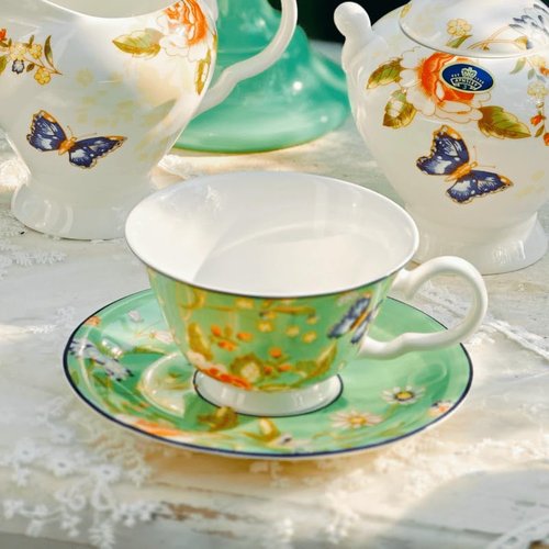 Aynsley Cottage Garden Windsor Fine Bone China Teacup & Saucer, 7.5oz -Green