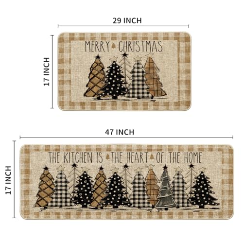Buffalo Plaid Xmas Tree Kitchen Mats Set of 2 - Brown & Beige, 17x29 & 17x47 Inches