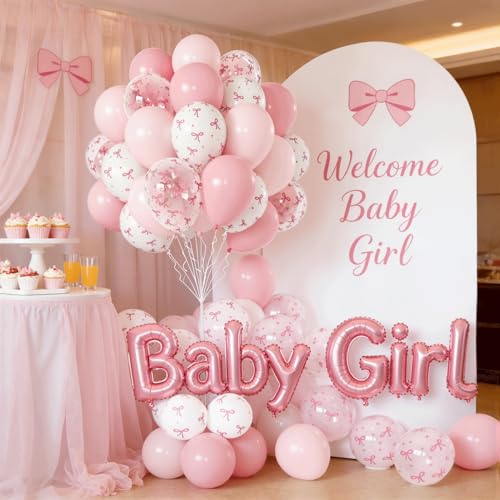 Kafeli Pink Bow Latex Balloons Set - 12in, 60pcs Party Decorations, Pink & White