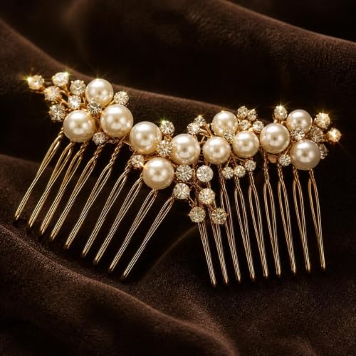 Pearl Wedding Hair Comb 2-Piece Gold Bridal Crystal Hairpiece Set