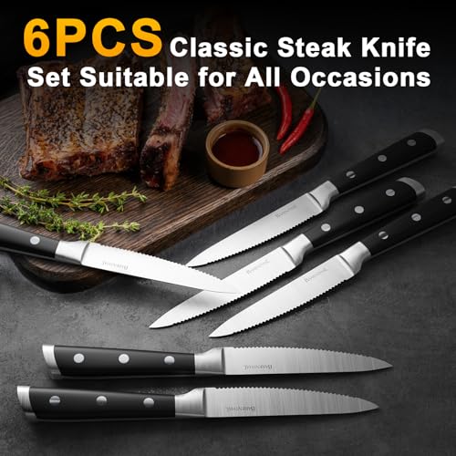 Black Steak Knives Set of 6 - 4.8 Inch German Stainless Steel Serrated Kitchen Knives with Block, Dishwasher Safe