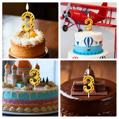 Penitue Construction Number 3 Birthday Candle, Yellow and Black Striped Cake Topper