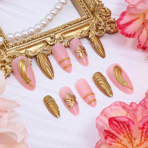 Gold Flower Press on Nails Medium Almond Fake Nails 3D Gold Lines
