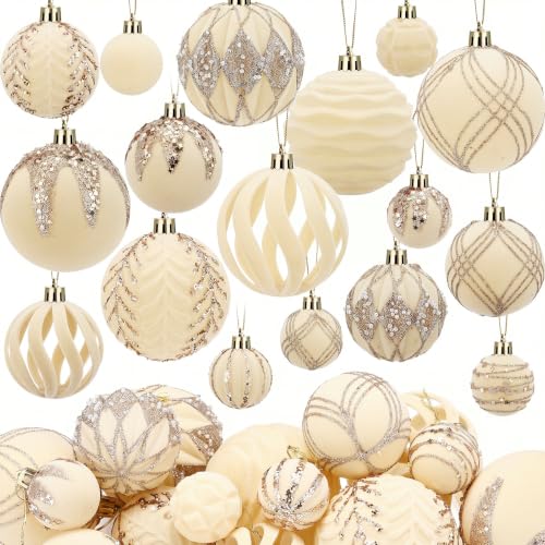 White Velvet Christmas Ornament Set - 48 Flocked Holiday Decorations