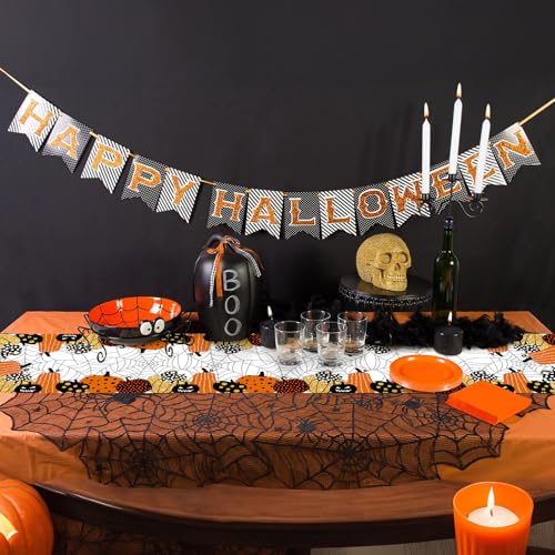 Halloween Pumpkin Cobweb Table Runner - 13x72 Inch Spooky Decor
