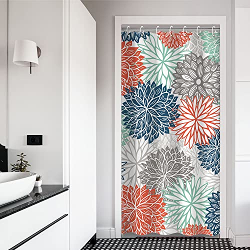 RosieLily Dahlia Floral Shower Curtain, Teal and Gray Water-Repellent Fabric