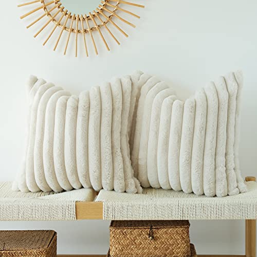 JOJUSIS Faux Fur Throw Pillow Covers (Pack of 2) - 18x18 Beige
