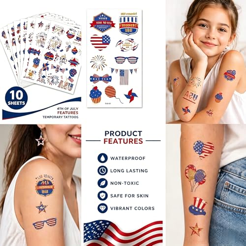300+ Pcs 4th of July Temporary Tattoos Patriotic USA Flag Stickers Party Favors
