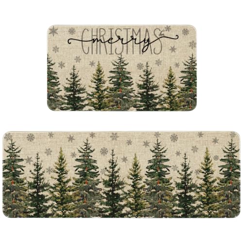 Christmas Kitchen Mats Set of 2 Non Slip Washable Pine Tree Christmas Rugs - Indoor Holiday Decor