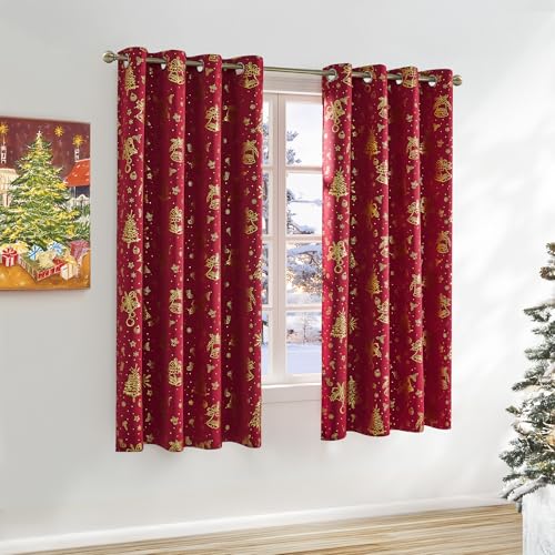 Red Christmas Blackout Curtains 63 Inch for Bedroom Living Room - Gold & Red / Pack of 2