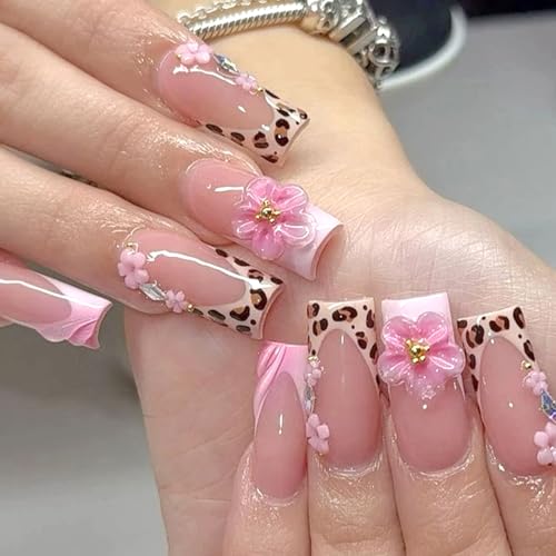 Pink Flower Press on Nails Long Square False Nails 3D Rhinestone