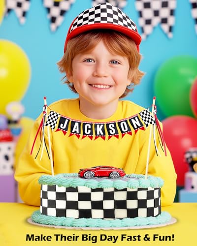 Custom Race Car Cake Topper – Personalized Checkered Flag Party Decor