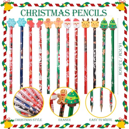 12 Pcs Christmas Pencils Bulk with Erasers - Christmas Style - Festive Holiday Designs