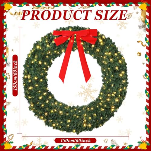 60 Inch Prelit Christmas Wreath with 300 Warm White LED Lights - Outdoor Indoor Holiday Decor