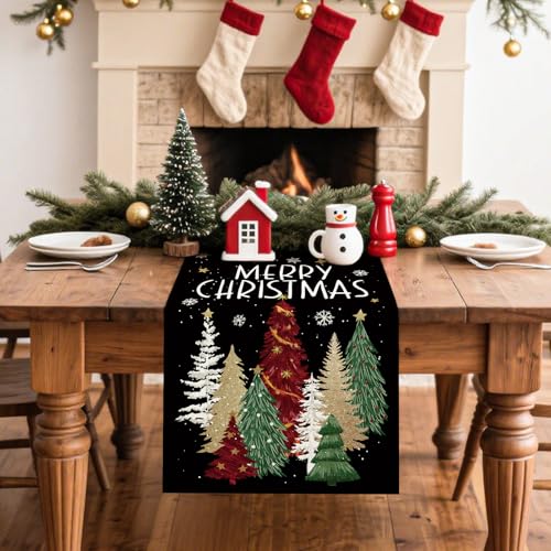 Artscope Christmas Tree Table Runner Black 13x48 Inch Holiday Decor