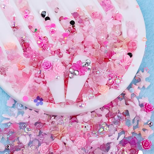 Sinyanail 300pcs Pink Nail Art Charms Kit with Resin Gems Rhinestones Pearls and Sequins