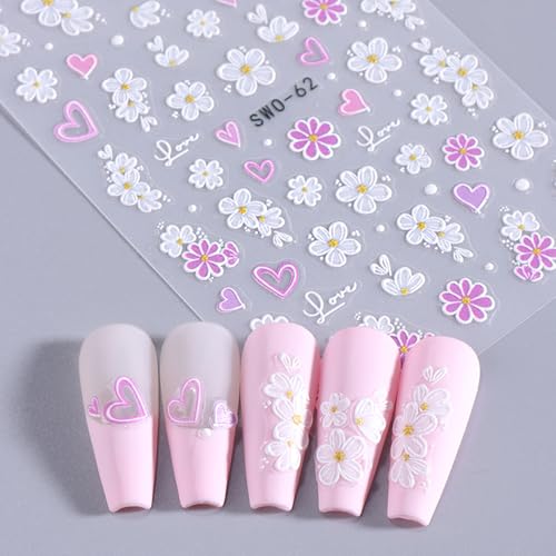 KAICCOSO 5D Embossed Floral Nail Art Stickers Butterfly Daisy Decals 2Pcs