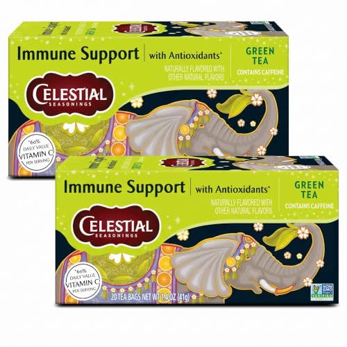 Celestial Seasonings Immune Support Green Tea 20 Bags Pack of 2 - Citrus Flavor, Vitamins C & A, Caffeine-Free